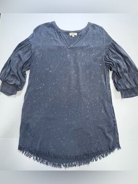 Umgee Blue Mineral Wash Fringe Hem Tunic Dress Boho Puff Sleeve Size S